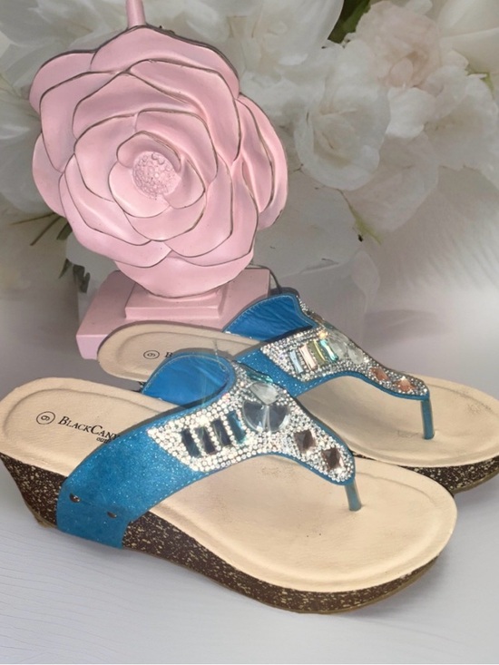 Black Canyon Outfitters Shoes - Black Canyon Outfitters Sparkles Jeweled Blue Wedge Sandals Size 9